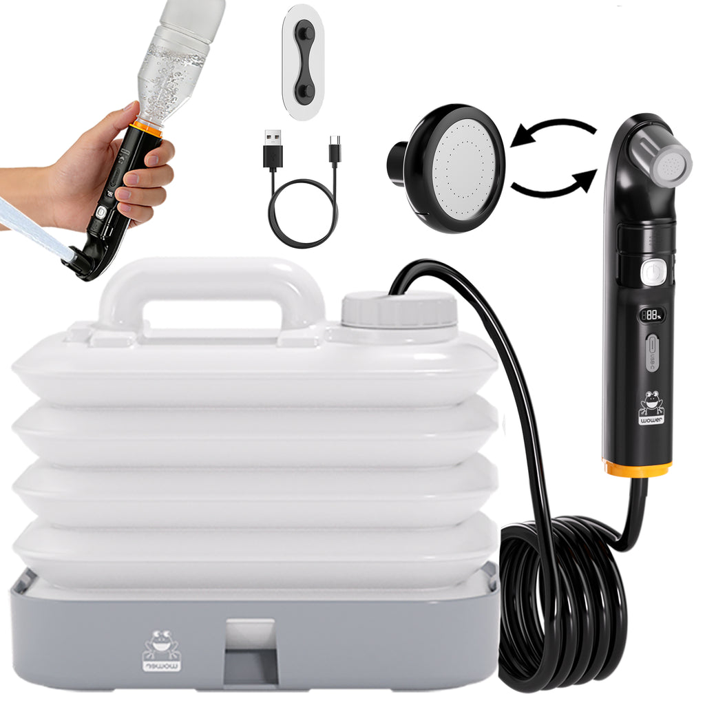 WOWER Electric Handheld Bidet with 10L Water Bucket, 2-in-1 Camping Shower with Rechargeable 1600mAh Battery, 2 Spray Modes, Universal Bottle Adapter