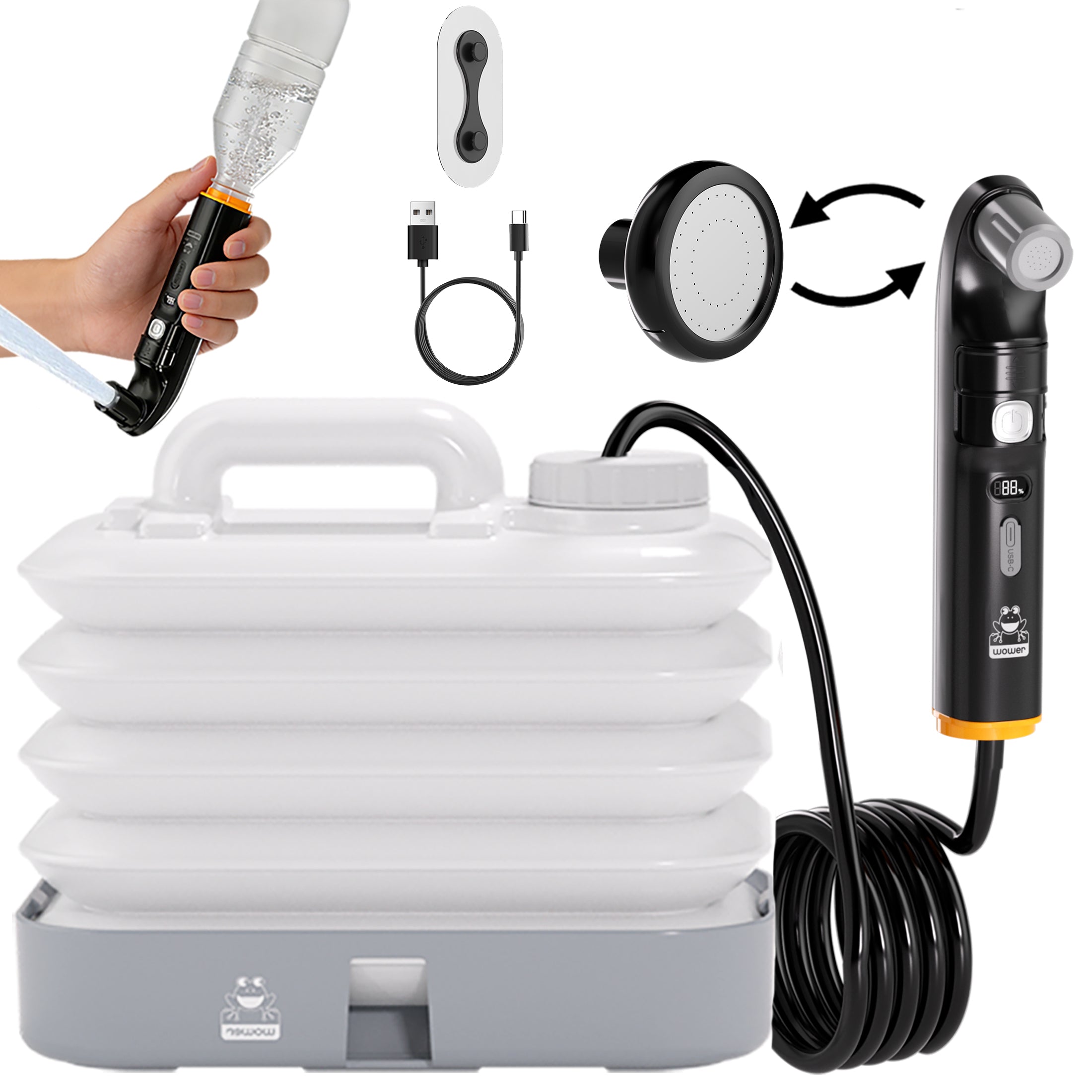 WOWER Electric Handheld Bidet with 10L Water Bucket, 2-in-1 Camping Shower with Rechargeable 1600mAh Battery, 2 Spray Modes, Universal Bottle Adapter