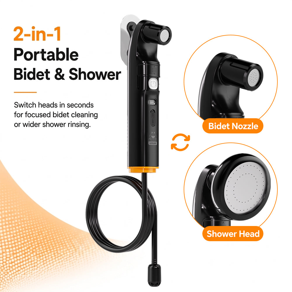 WOWER Electric Portable Bidet with Camping Shower Nozzle, 2 Water Pressure Modes, 1600mAh Rechargeable Battery, Universal Bottle Adapter