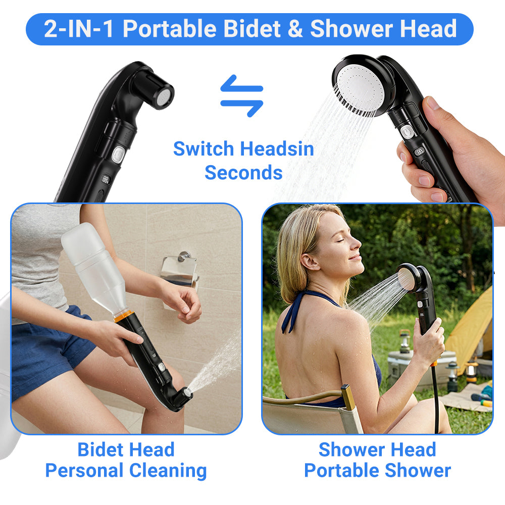 WOWER Electric Handheld Bidet with 10L Water Bucket, 2-in-1 Camping Shower with Rechargeable 1600mAh Battery, 2 Spray Modes, Universal Bottle Adapter