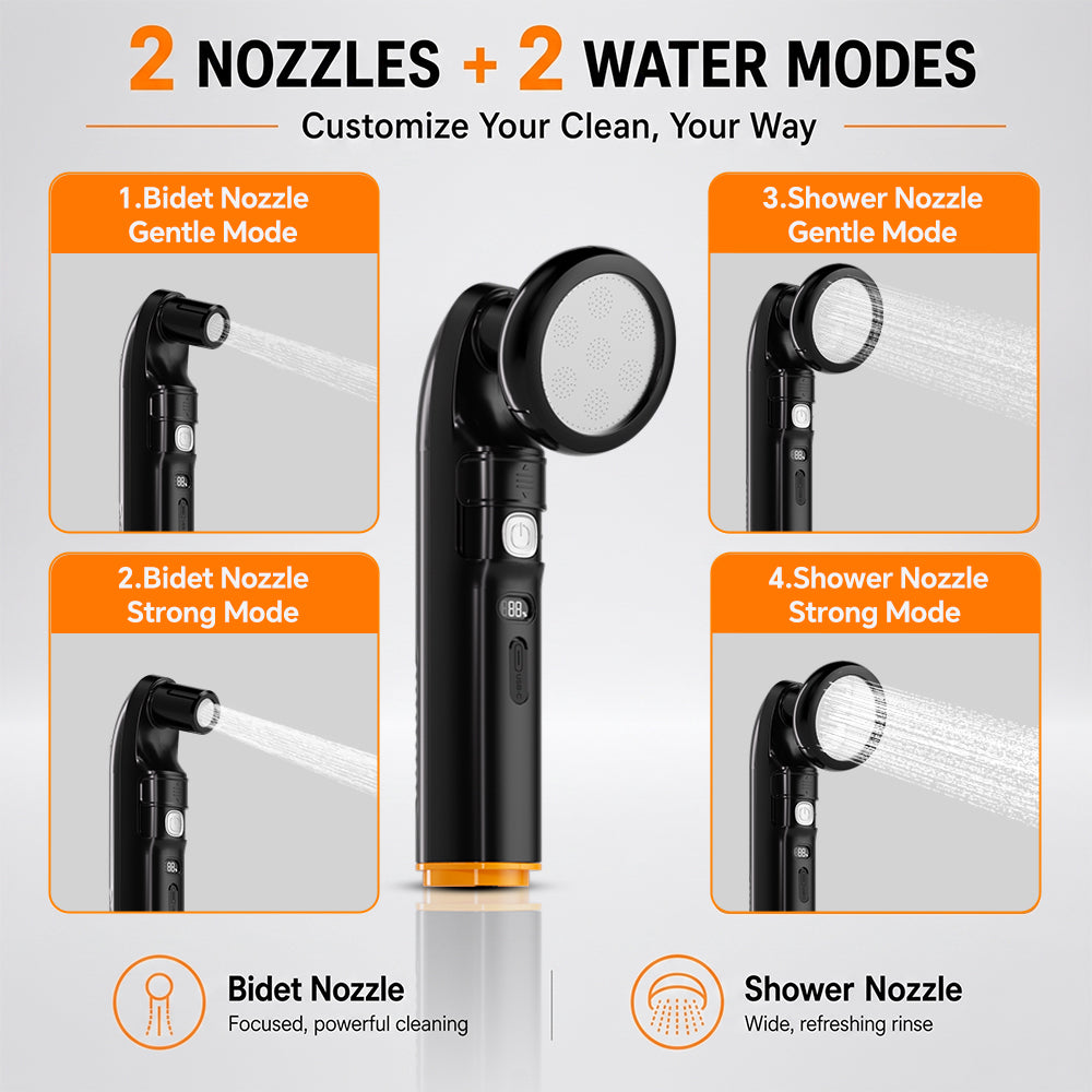 WOWER Electric Portable Bidet with Camping Shower Nozzle, 2 Water Pressure Modes, 1600mAh Rechargeable Battery, Universal Bottle Adapter