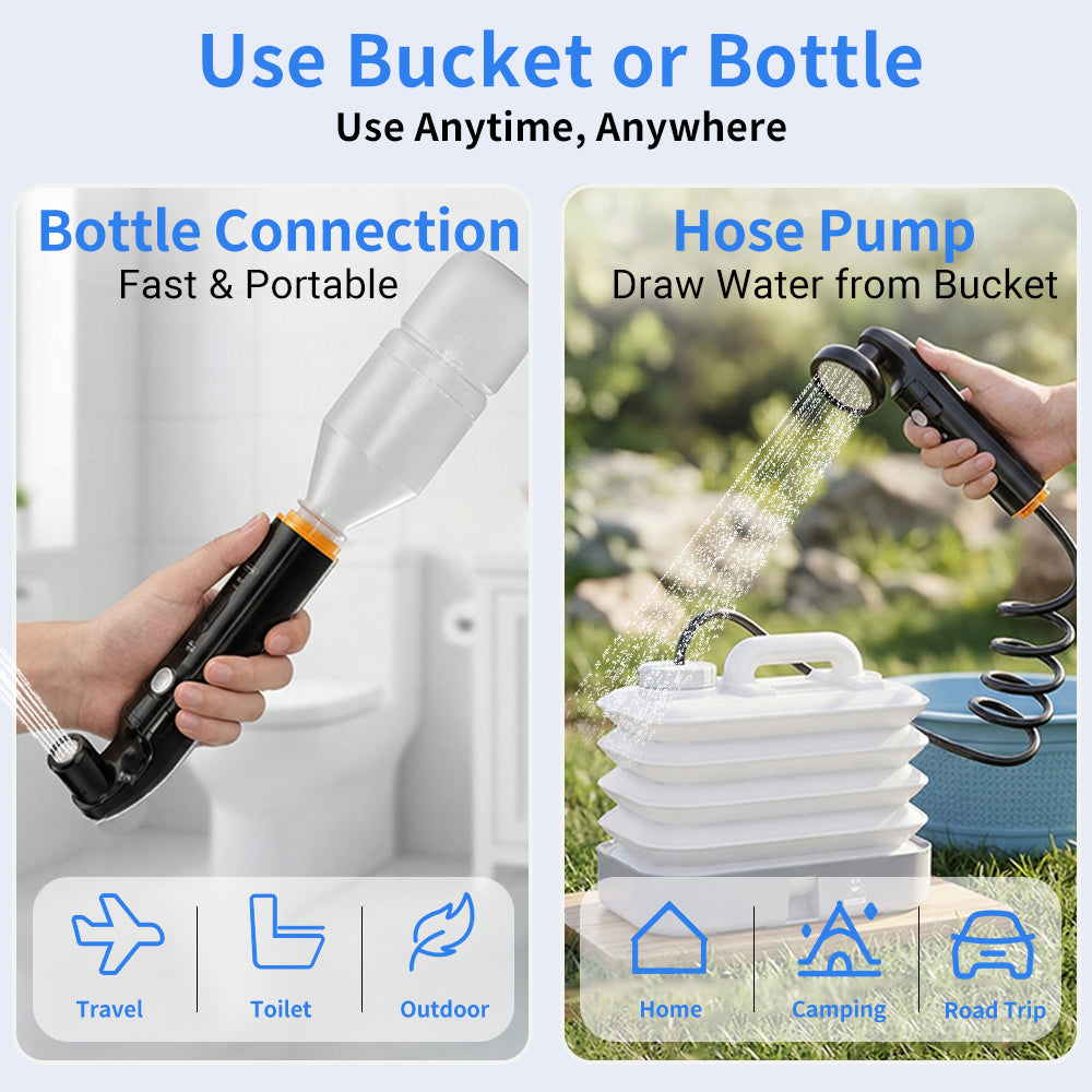 WOWER Electric Handheld Bidet with 10L Water Bucket, 2-in-1 Camping Shower with Rechargeable 1600mAh Battery, 2 Spray Modes, Universal Bottle Adapter