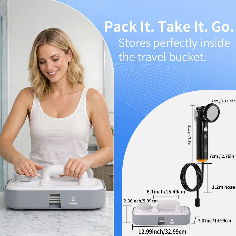 WOWER Electric Handheld Bidet with 10L Water Bucket, 2-in-1 Camping Shower with Rechargeable 1600mAh Battery, 2 Spray Modes, Universal Bottle Adapter