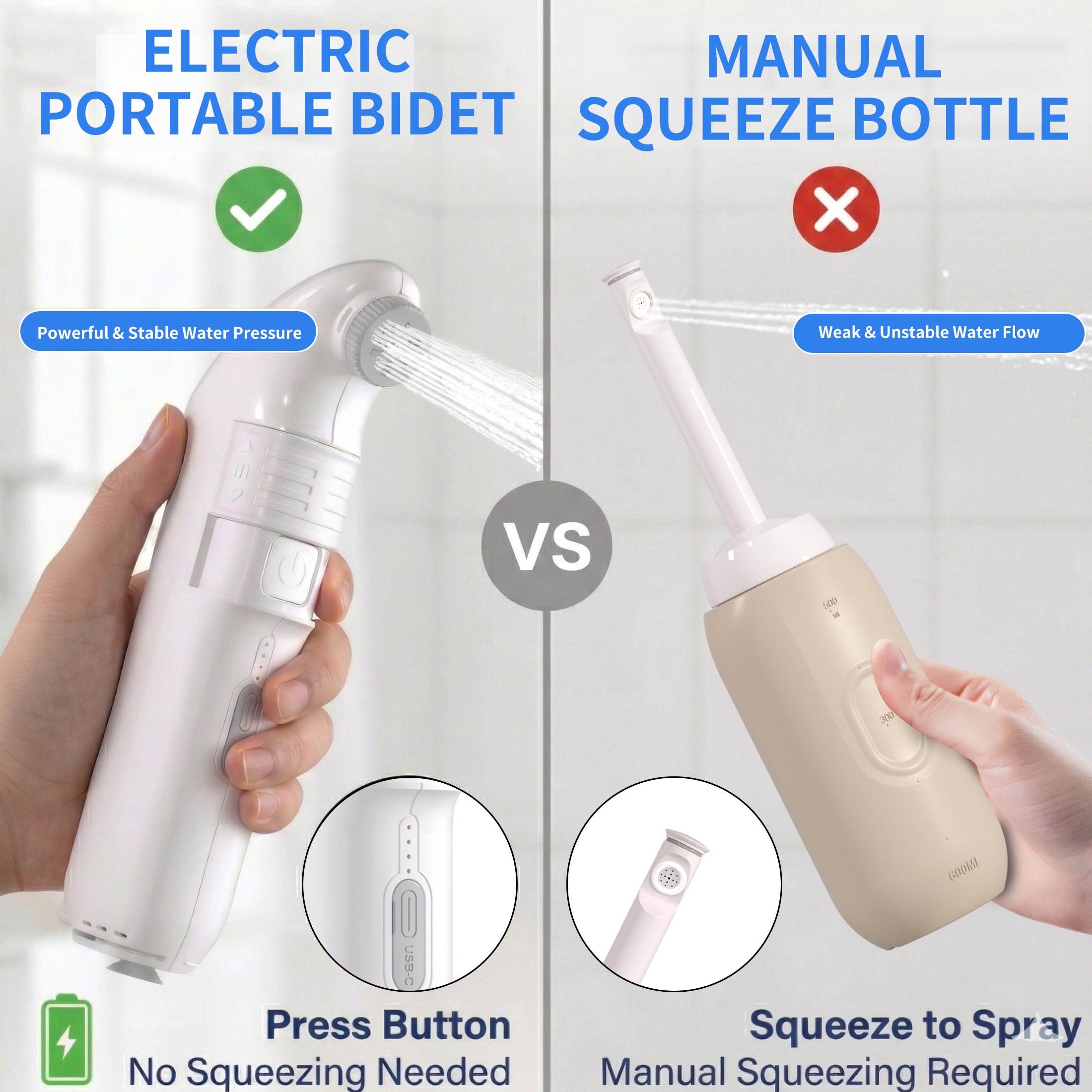 Electric Travel Bidet 4 Sprayer Modes Portable Handheld Bidet Built-in Rechargeable 1600mAh Battery JP94-PB-239B