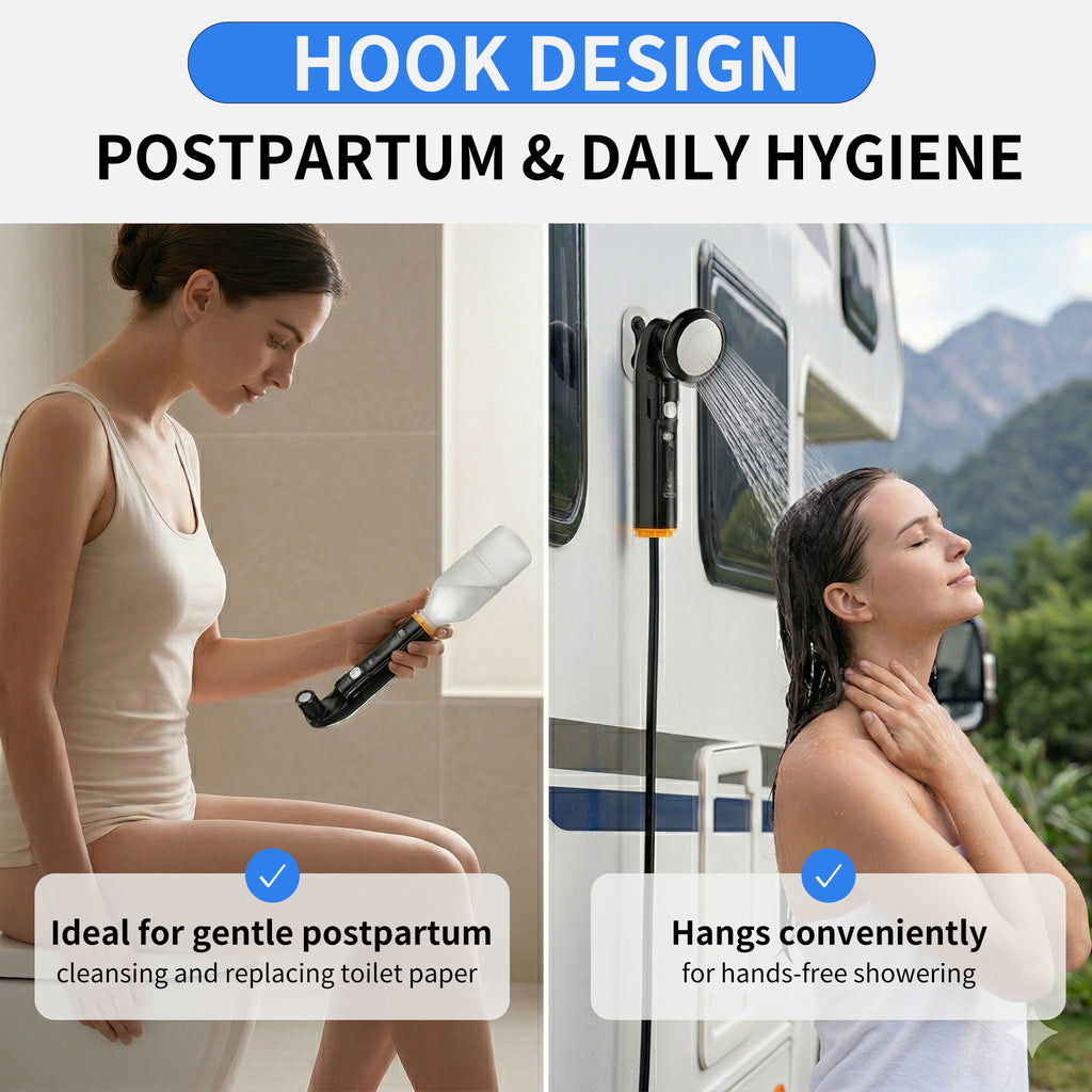 WOWER Electric Handheld Bidet with 10L Water Bucket, 2-in-1 Camping Shower with Rechargeable 1600mAh Battery, 2 Spray Modes, Universal Bottle Adapter
