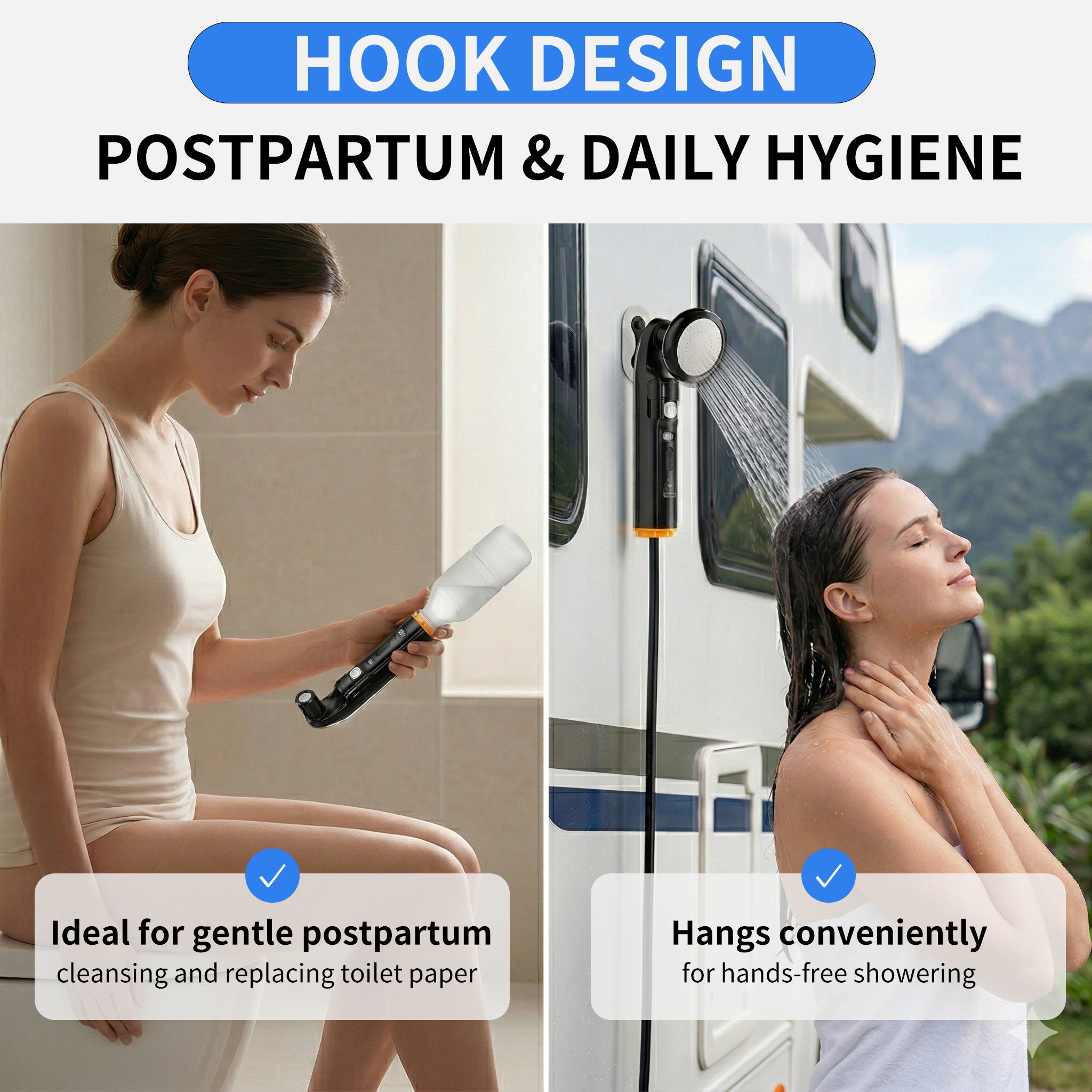 WOWER Electric Handheld Bidet with 10L Water Bucket, 2-in-1 Camping Shower with Rechargeable 1600mAh Battery, 2 Spray Modes, Universal Bottle Adapter