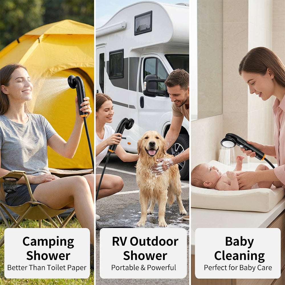 WOWER Electric Handheld Bidet with 10L Water Bucket, 2-in-1 Camping Shower with Rechargeable 1600mAh Battery, 2 Spray Modes, Universal Bottle Adapter