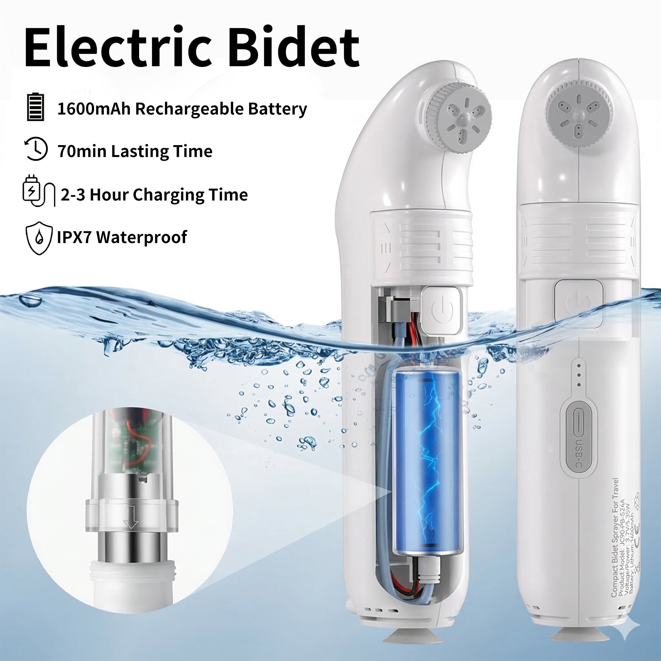 Electric Travel Bidet 4 Sprayer Modes Portable Handheld Bidet Built-in Rechargeable 1600mAh Battery JP94-PB-239B