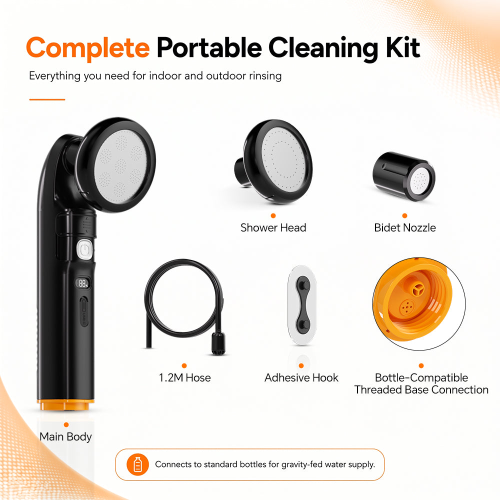 WOWER Electric Portable Bidet with Camping Shower Nozzle, 2 Water Pressure Modes, 1600mAh Rechargeable Battery, Universal Bottle Adapter